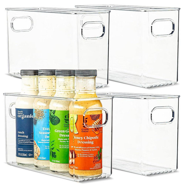 Plastic Food Storage 4 Pack Clear Container Bin with Handles for Organizing Kitchen, Pantry, Refrigerator, Freezer, Pantry, Cabinet, Closet, Bathroom. 10”x4”x6”
