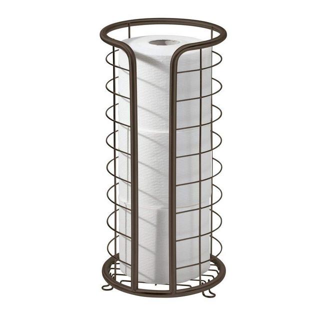mDesign Decorative Metal Free Standing Toilet Paper Holder Stand with Storage for 3 Rolls of Toilet Tissue - for Bathroom/Powder Room - Holds Mega Rolls - Bronze