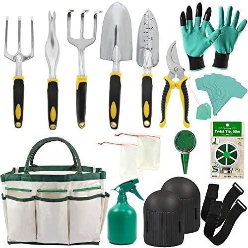 Garden Tools Set - 14 Piece Gardening Gifts Tool Kit for Women & Men with 6 Hand Tools, Garden Storage Tote, Watering Pot,Knee Pads ,Garden Gloves,Seeds Bag,Plant Labels,Garden Tie and Seeder Tool