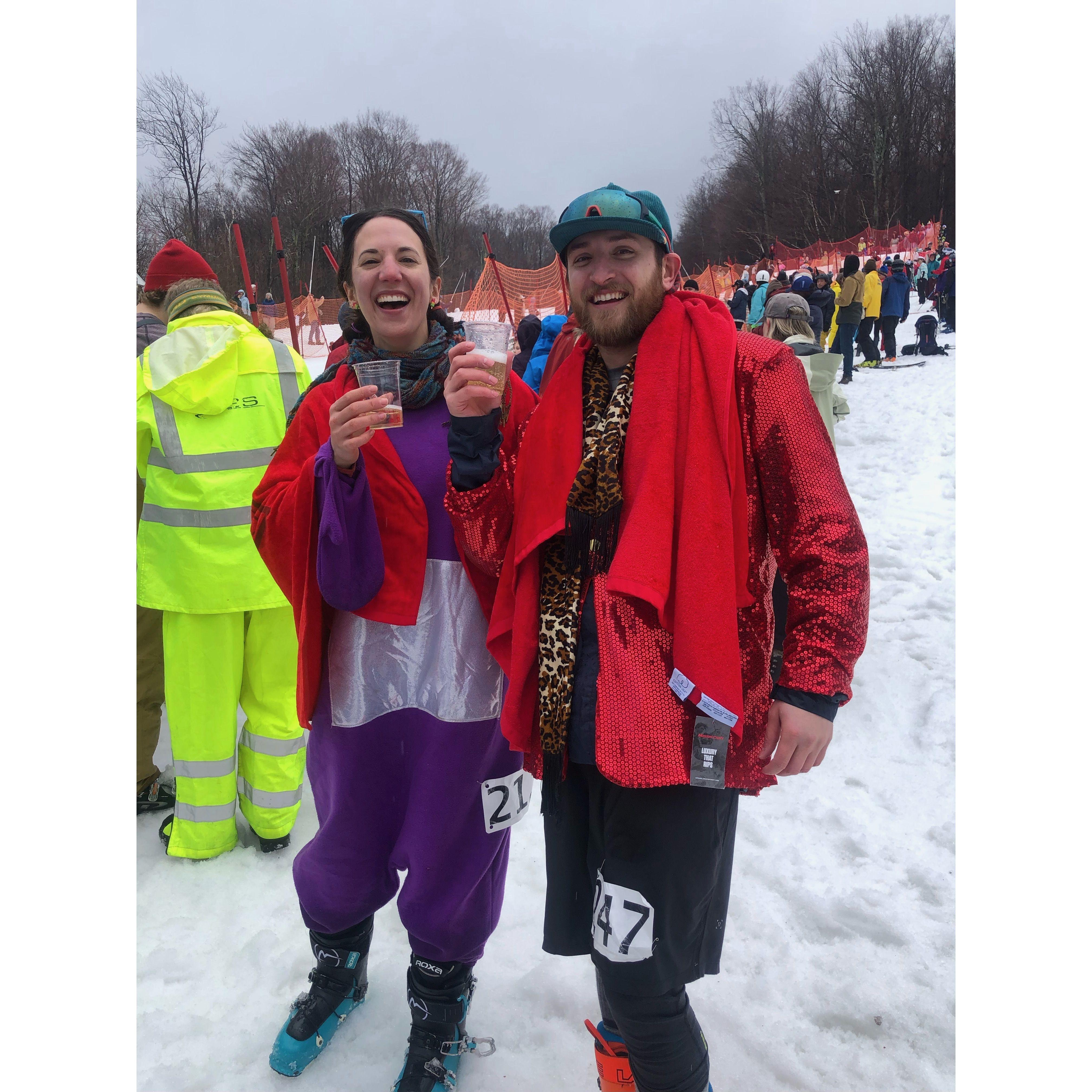 Pond skim at Sugarbush: Becca was soaked after not making it across, while Matt went fast and kept going, keeping dry and winning the competition.