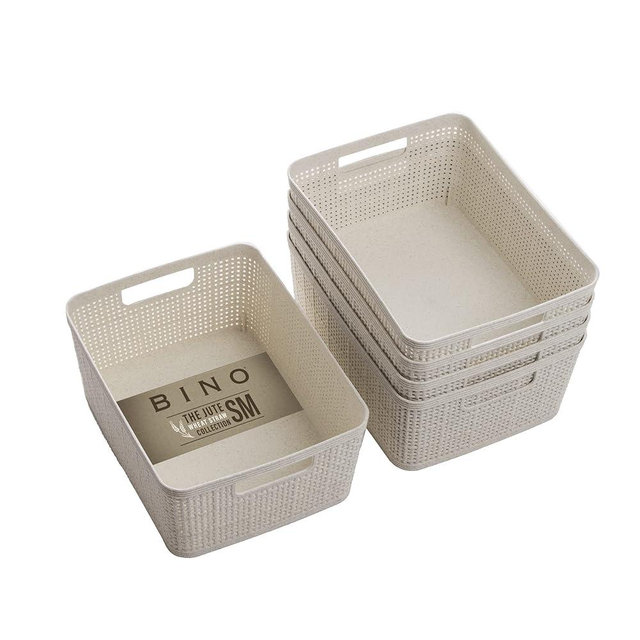 BINO | Woven Plastic Basket | Small (Natural), 5-Pack | THE JUTE COLLECTION | Home Organization, Space - Saving Storage, Stylish Design | Jute Basket | Plastic Storage Basket