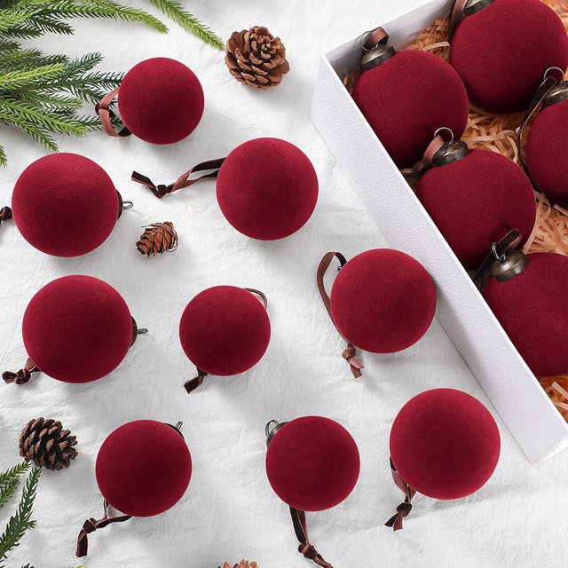 Foilswirl 36 Pcs Wine Red Velvet Christmas Balls Bulk - 2.36", 2.76", 3.15" Flocked Christmas Tree Ball Ornaments Hanging Decoration for Xmas Tree, Wreath, Home or Party Decorations