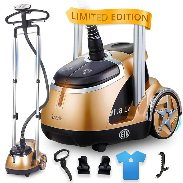 SALAV Professional Garment Steamer 1500W with Foot Pedal Control | 45s Fast Heat Up, 1.8L Tank, Up to 1 Hour Continuous Steam, Stainless Steel Nozzle & Wheels – Gold
