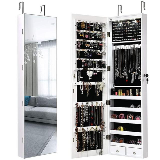 Giantex Wall Door Jewelry Armoire Cabinet with Full-Length Mirror, 2 LEDs Lockable Large Storage Jewelry Organizer with Wide Mirror, Makeup Pouch, Bracelet Rod, Jewelry Amoires w/ 2 Drawers (White)
