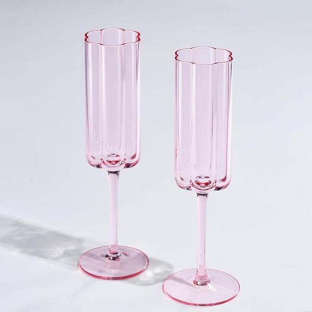 Flower Vintage Champagne Flute Glassware - Set of 2 - 7.4 oz Colorful Cocktail, Martini & Champagne Glasses, Prosecco, Mimosa Glasses Set, Cocktail Glass, Bar Glassware Luster Glasses 9" X 2" (Pink)