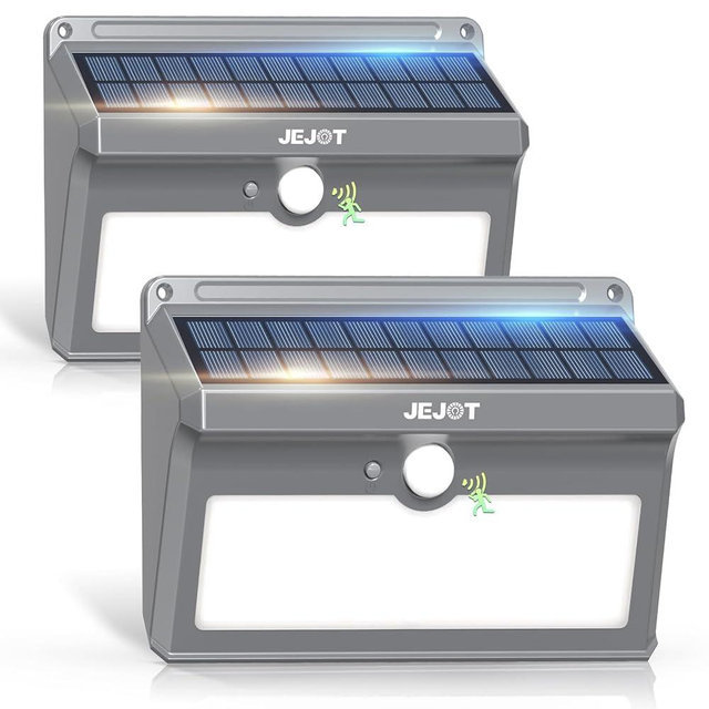 JEJOT 2 Pack Solar Motion Lights Outdoor Waterproof with Super Bright LEDs, 270° Wide Angle,3 Modes Solar Wall Lights, Anti Glare Solar Powered Flood Lights for Fence Garage Garden Patio Yard