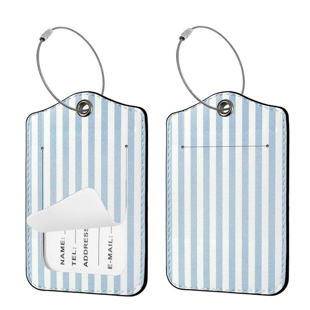 Seorsok 2Pcs Luggage Travel Tags for Suitcases,Cute Striped PU Leather Name Tag with Privacy Cover&ID Label Address Card and Durable Metal Ring Suitable for Men Women Handbags Backpack,Blue