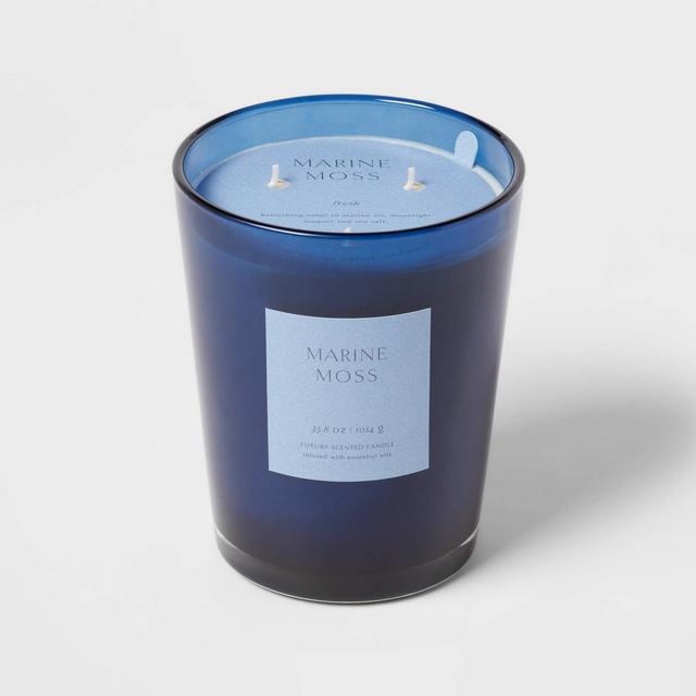 35oz Colored Vase Glass with Dustcover Marine Moss Candle Blue - Threshold™