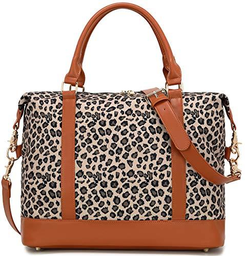 Women Ladies Weekender Bag Overnight Carry-on Tote Duffel in Trolley Handle (Leopard Grey)
