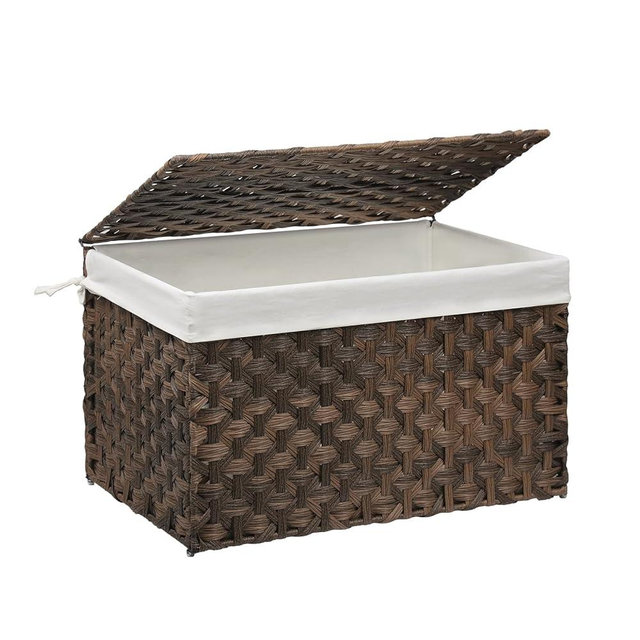 MOORLITER Wicker Storage Basket with Lid, 27.7 Gallon (105L) Large Blanket Basket with Lid, Woven Storage Bin with Handles, Removable Liner, Metal Frame, Foldable, for Bedroom, Laundry Room, Brown