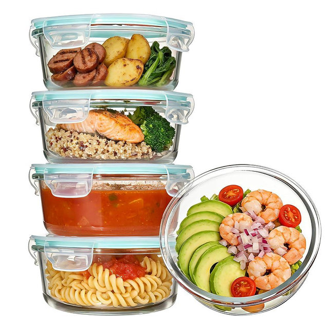 Vtopmart 5Pack 22oz Glass Storage Containers with Lids, Glass Meal Prep Food Container Sets with Snap Airtight Lids for Microwave, Oven, Freezer and Dishwasher, Green, Round