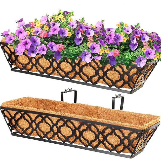 24inch Window Planter Box 2Pcs Iron Window Deck Railing Planter with Coco Liner, Metal Horse Troughs Fence Planter for Outdoor Balcony Rail Fence Porch Patio