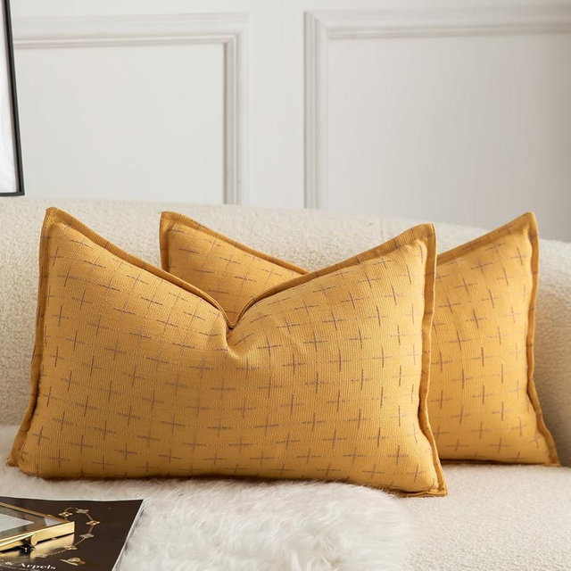 MANDIOO Pack of 2 Burlap Linen Throw Pillow Covers Woven Textured Modern Farmhouse Cushion Covers Pillowcase Decorative Couch Sofa Bed Living Room 12 x 20 Inch Yellow