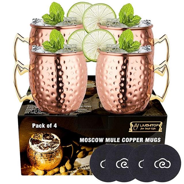 LIVEHITOP Moscow Mule Mugs Set of 4, Handcrafted Copper Cocktail Cups Kit 18Oz with Coasters for Cold Drink, Wine, Bar, Party, Hotel, Gifts