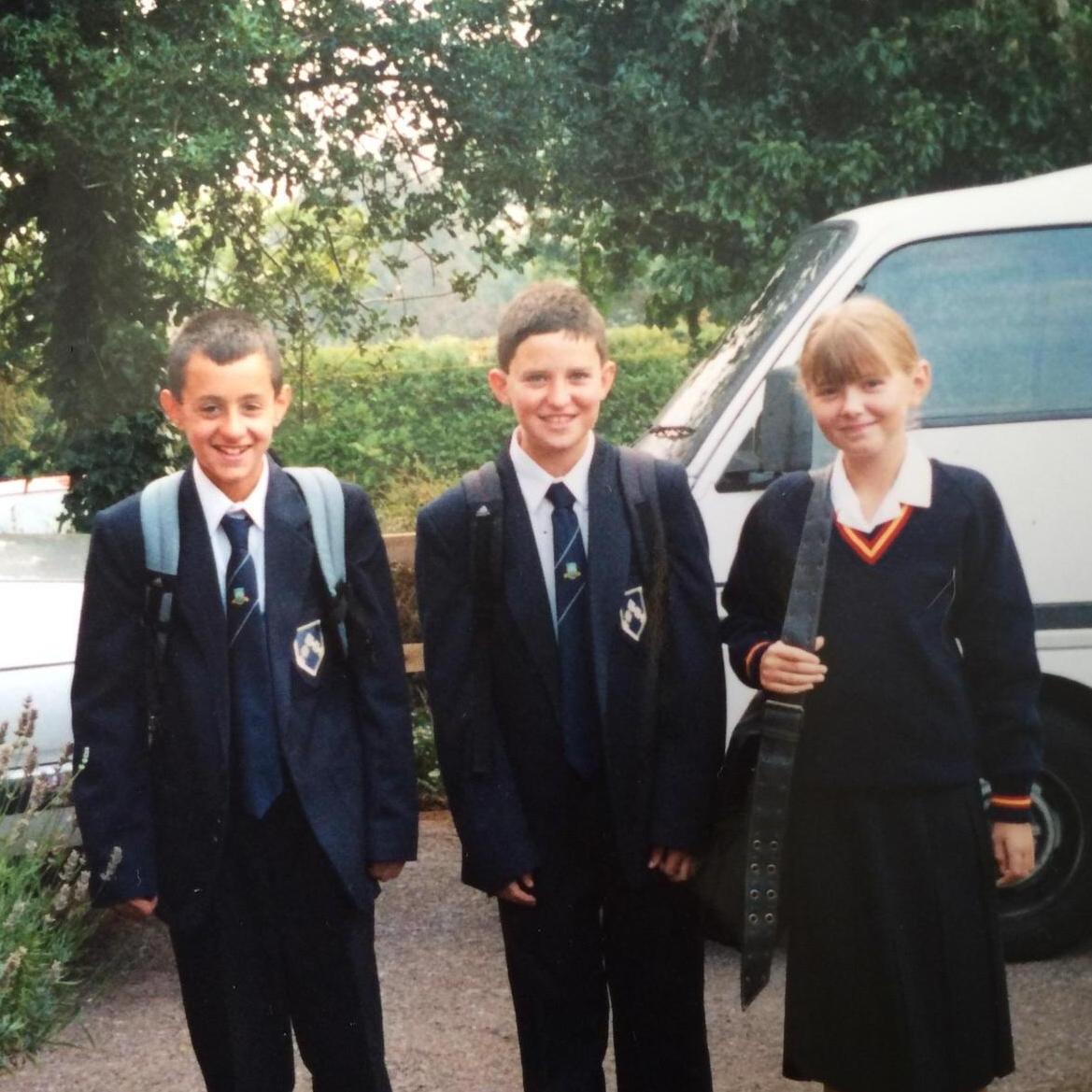 Our first day at secondary school, with Groomsman Tom, 2002