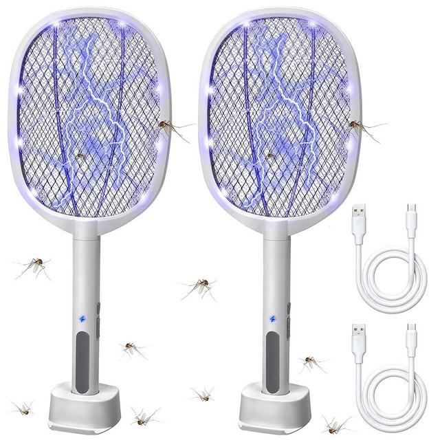 Lulu Home 2-in-1 Electric Bug Zapper Racket, 2 Pack 3000V High Voltage LED Lighted Handheld Mosquito Swatter with 3 Layer Safety Mesh, USB Charging Portable Fly Killer Racquet