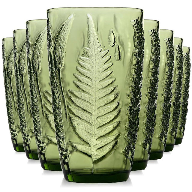 16 oz Green Fern-Embossed Tumblers – Set of 8 Drinking Glasses, Artisanal-Style Vintage Textured Glassware for Water, Sparkling Drinks, Lemonade & Mocktails – Retro Boho Kitchen & Home Table Decor