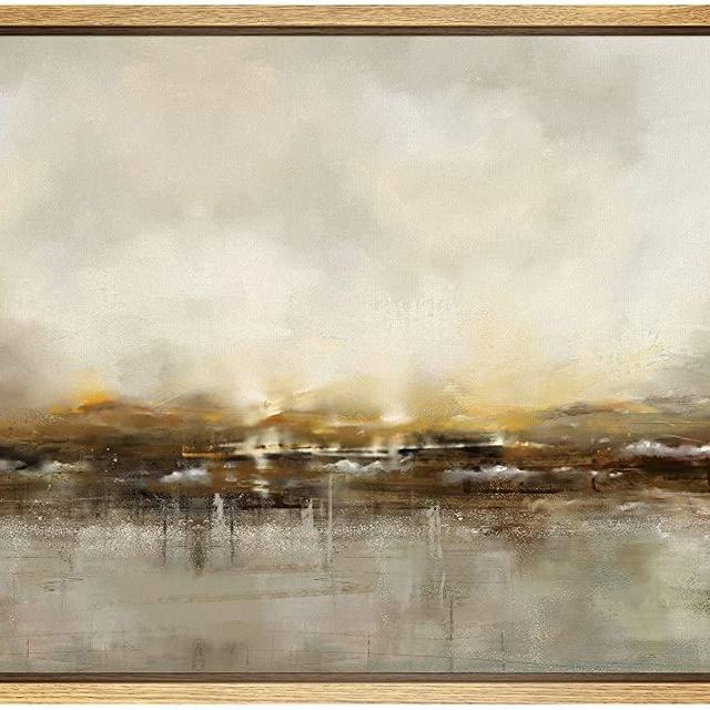 SIGNWIN Framed Canvas Wall Art Dramatic Golden Landscape by The Sea on a Cloudy Day Coastal Ocean Oil Painting Abstract Modern Closeup Relax/Calm for Living Room, Bedroom, Office - 24"x36" Natural