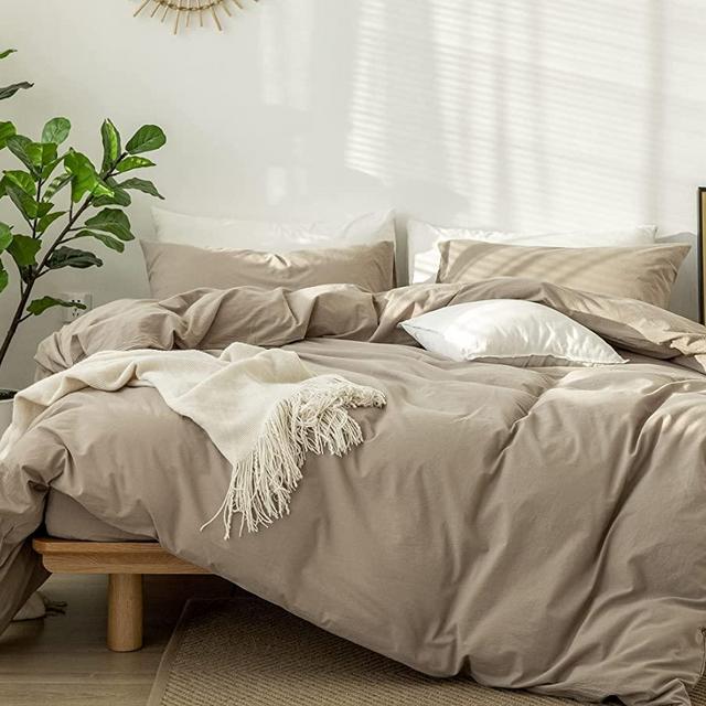 MooMee Bedding Duvet Cover Set 100% Washed Cotton Linen Like Textured Breathable Durable Soft Comfy (Mocha Brown, King)