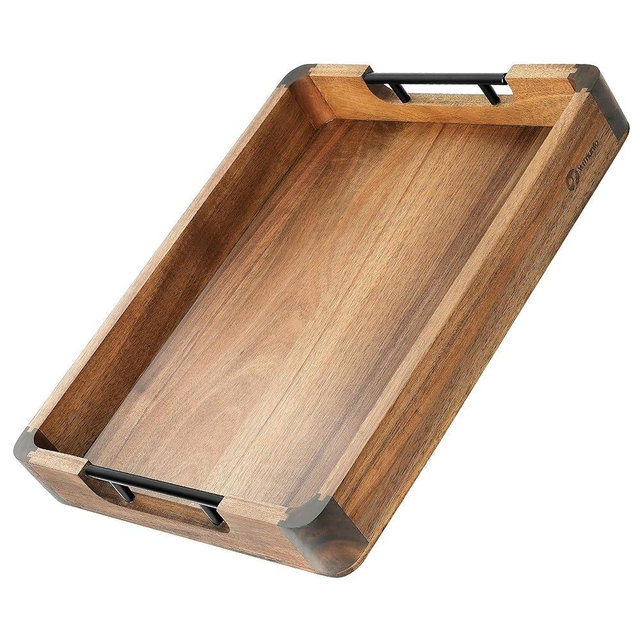 Wood Serving Tray with Handles, 17"x13" Large Decorative Ottoman Tray for Coffee Table, Walnut and Acacia Wooden Serving Trays for Party, Home Decor Rectangular Platters with 3 Silicone Mats