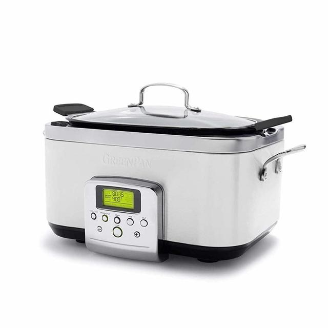 GreenPan 6QT Slow Cooker with Hard Anodized Pot, Presets to Brown Saute and Steam, Healthy Ceramic Nonstick and Dishwasher Safe Parts, Easy-to-use LED Display, Cream White