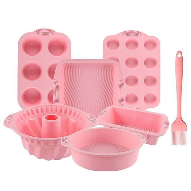 Acidea Nonstick Silicone Bakeware Set, 6pcs Baking Cake Pan with Silicone Brush, Economical BPA Free Heat Resistant Bakeware Suppliers Tools Kit for DIY Loaf Bread Cheesecake Pizza Cupcake Muffin