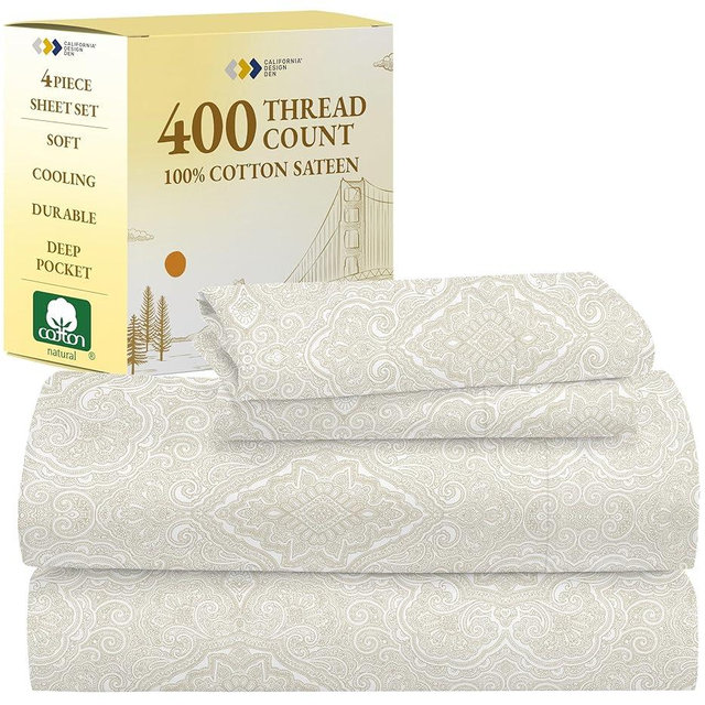 California Design Den Printed King Size Sheets Set - Luxury 400 Thread Count Sateen, Natural 100% Cotton Sheets, Deep Pockets, Cooling and Durable Bedding Set - Paisley Beige