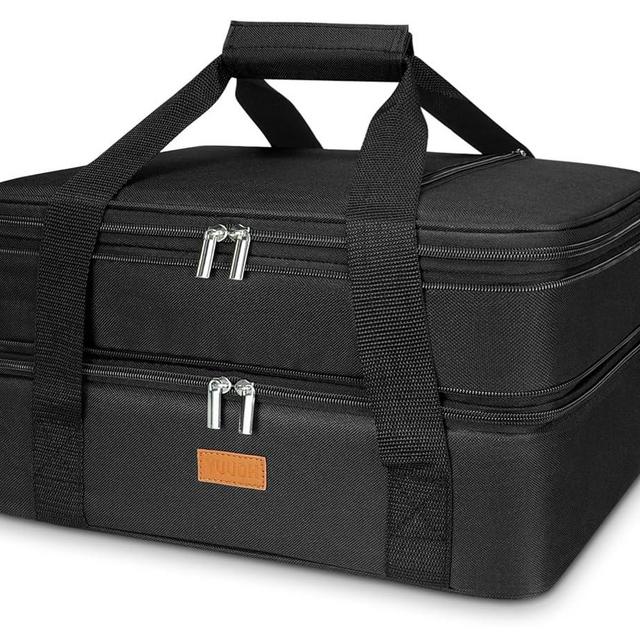 Vuudh Double Insulated Casserole Carrier Bag - Hot & Cold Food Carry Bag Potluck Parties, Lasagna Holder Tote for Picnics, Beaches, Traveling or Gifts, Fits 9”x14” Baking Dish (Black