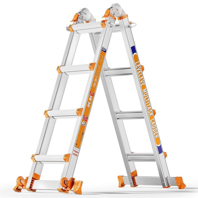 LEVELEVE Multi Position 4 Step Ladder, 14FT Extension Ladder with Stabilizer Bar & Wheels,330 lbs Security Load A Frame Ladder for Stairs Home Indoor Outdoor Roof