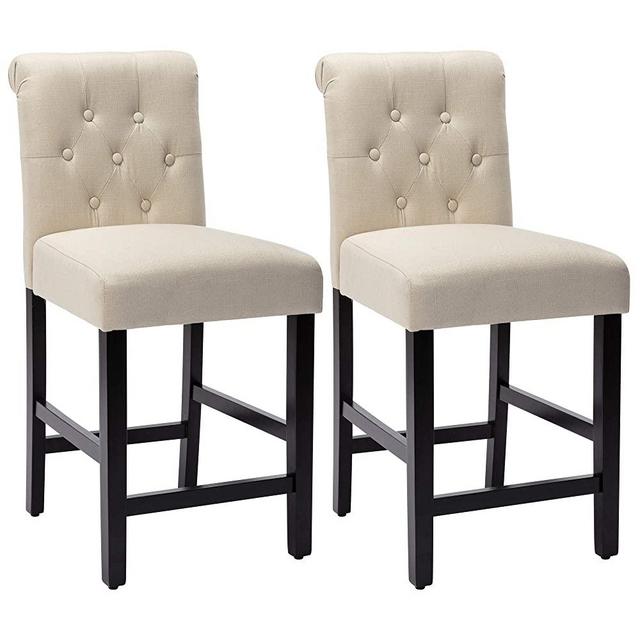 24 Inches Fabric Counter Height Bar Stools Set of 2, Upholstered BarStools with Button Tufted Backrest and Solid Wood Legs,Beige