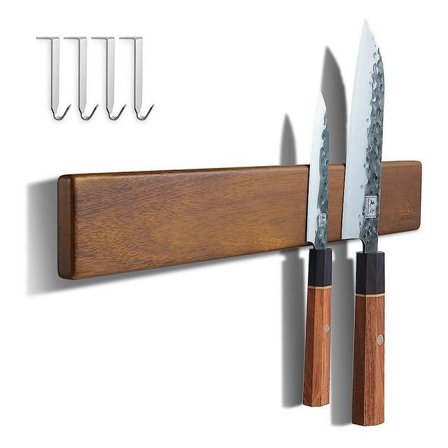 ENOKING Magnetic Knife Holder for Wall, Knife Magnetic Strip No Drilling 16 Inch, Powerful Magnetic Kitchen Knife Holder, Acacia Wood Wall Knife Holder Magnet Magnetic Knife Bar with 4 Hooks