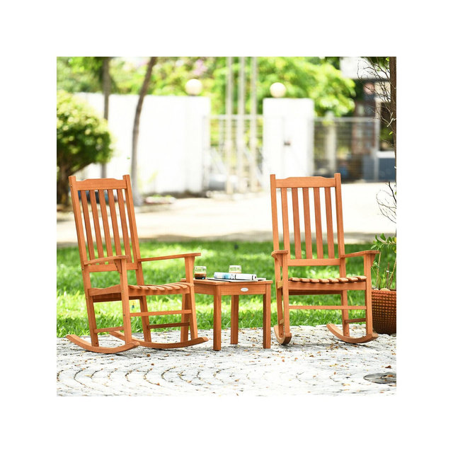 Costway 3 PCS Eucalyptus Rocking Chair Set W/ Coffee Table 2 Wood Conversation Chairs