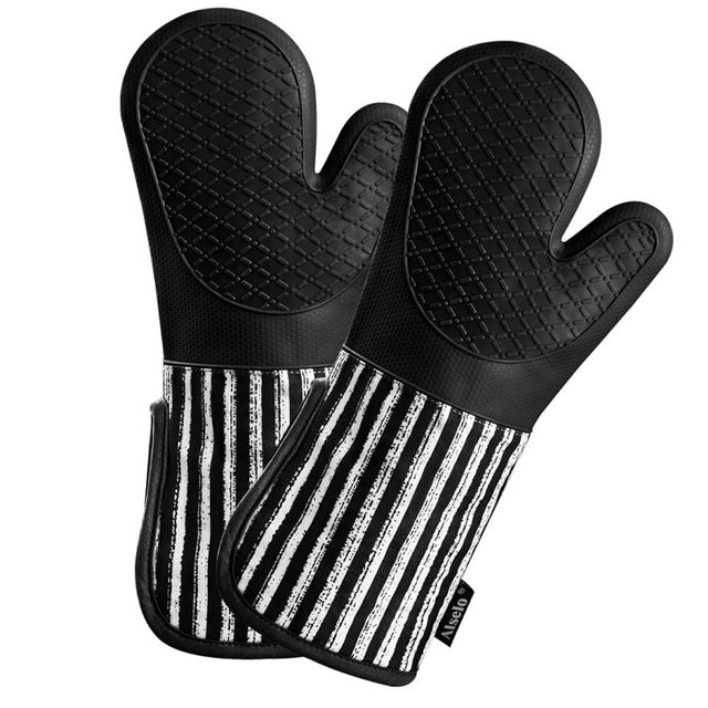 Alselo Silicone Oven Mitts Heat Resistant 932℉ with Waterproof & Non-Slip Kitchen Mittens, Set of 2 Extra Long Oven Gloves with Soft Cotton Terry Lining for Baking Cooking Barbecue (2, Black Mitts)