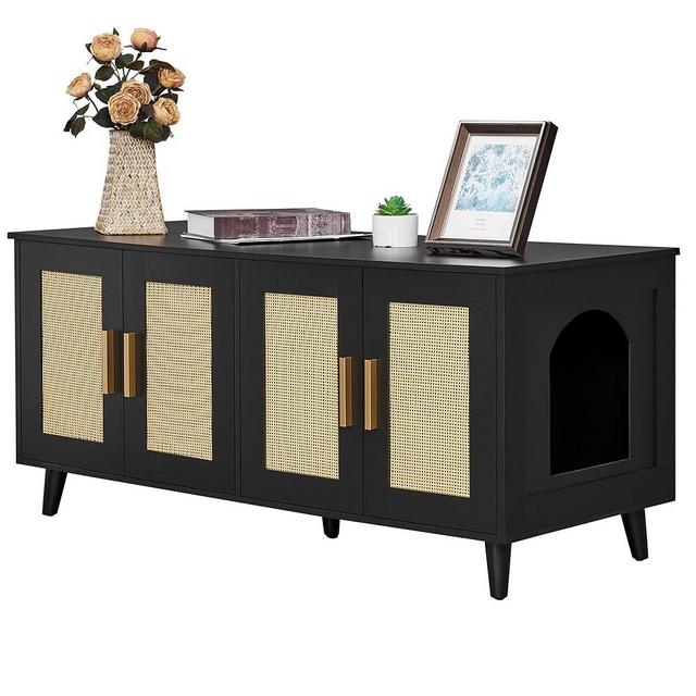 Homhedy Boho Cat Litter Box Enclosure for 2 Cats,Litter Box Furniture Hidden with Double Rattan Decorated Doors,Wooden Cat Washroom Furniture,Cat House,47.2”L x 19.7”W x 21.7”H, Black