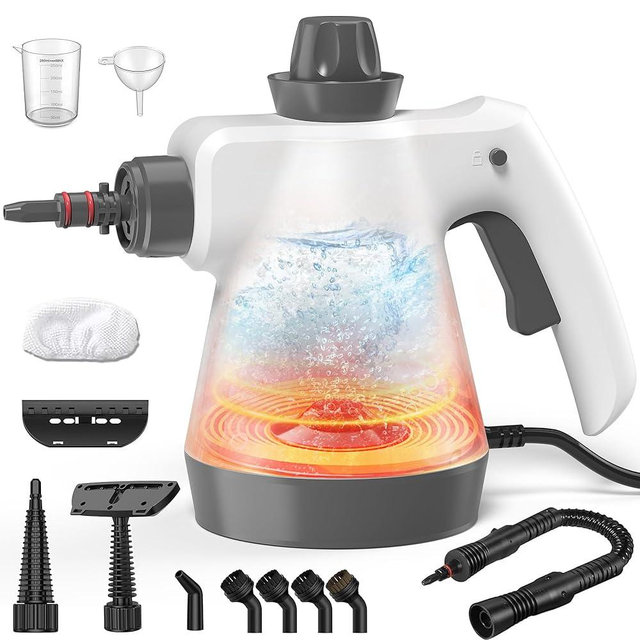 Steam Cleaner, Pressurized Handheld Steam Cleaner for Home with 12pcs Accessories & Safety Lock, Multi-Surface Powerful Natural Steamer for Deep Cleaning Grout, Kitchen, Bathroom, Car, Windows, White