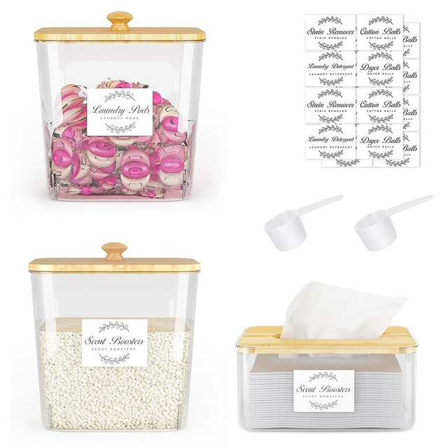 Vincona Laundry Room Organization and Storage, Laundry Pods Container and Dryer Sheet Holder with Bamboo Lids and Labels, Laundry Organizer with Scoops for Booster Beads, Powder, Pods, 2+1 Pack