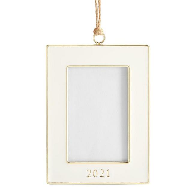 Dated Enamel Frame Ornament, White Rectangle, Set Of 2