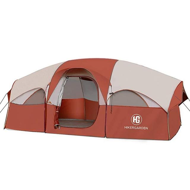 HIKERGARDEN Tent-8-Person-Camping-Tents, Waterproof Windproof Family Tent, 5 Large Mesh Windows, Double Layer, Divided Curtain for Separated Room, Portable with Carry Bag, for All Seasons (Red)