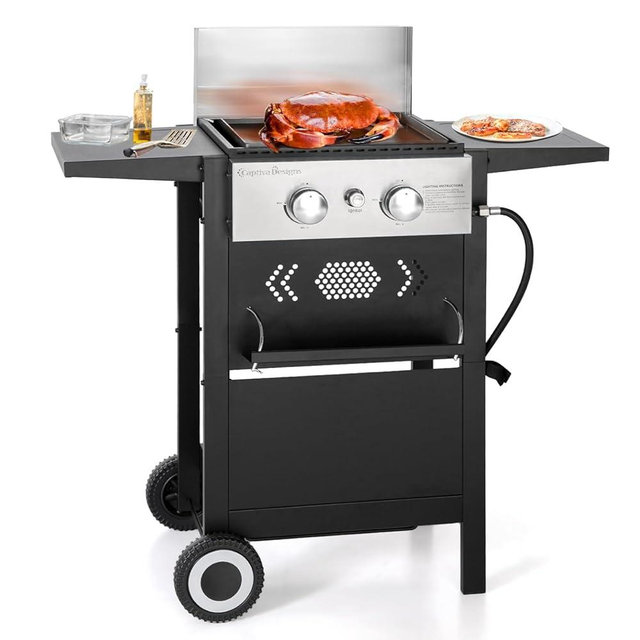 GREEN PARTY 2 Burner Griddle Grill Combo, 2 in 1 Propane Gas BBQ Grill w/Cast Iron Plate, Outdoor Flat Top Grill, 20,000 BTU Output Small Propane Barbecue Grill for Camping, Patio, Backyard, Balcony