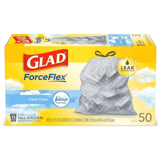 Glad Tall Kitchen Drawstring Trash Bags OdorShield 13 Gallon - Febreze Fresh Clean - Gray - 50ct