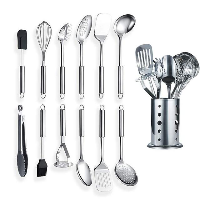 Berglander Cooking Utensil Set 13 Piece Stainless Steel Kitchen Tool Set with Holder, Include Cooking Spoon, Spatula, Whisk, Cooking Tong and etc. (13 Pieces)