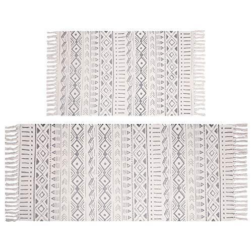 Pauwer Cotton Area Rug Set 2 Piece 4.2'x2'+3'x2' Hand Woven Cotton Rugs with Tassel Washable Cotton Throw Rug Runner for Kitchen, Living Room, Bedroom