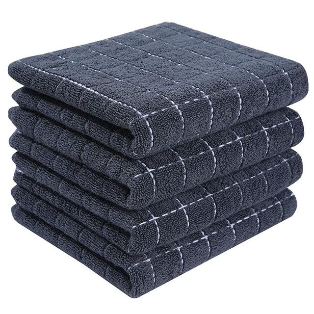 Homaxy 100% Cotton Terry Kitchen Towels(Dark Grey, 13 x 28 inches), Checkered Designed, Soft and Super Absorbent Dish Towel, 4 Pack