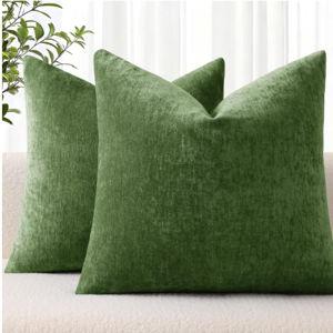 decorUhome Chenille Moss Green Throw Pillow Covers 16x16 Inch Set of 2, Decorative Soft Couch Pillow Covers Solid Dyed Accent Farmhouse Neutral Square Pillow Cases for Sofa