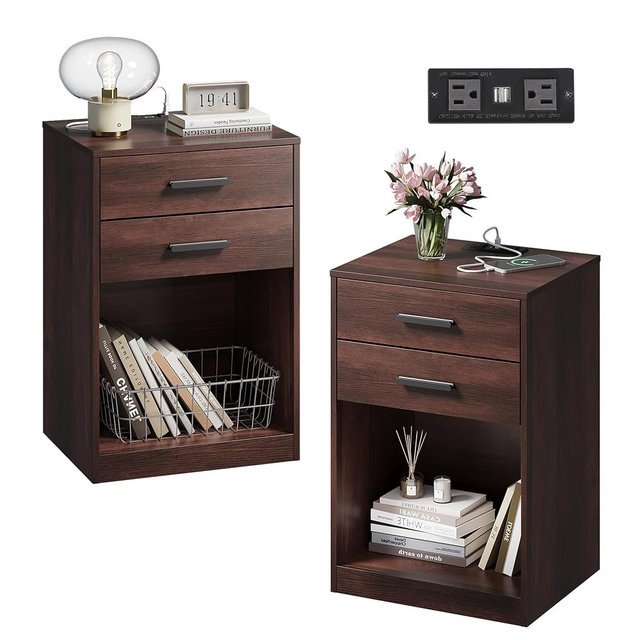 WLIVE Nightstand Set of 2 with Charging Station, Wood Night Stand Sets with 2 Drawers and Open Shelf, Bed Side Tables Bedroom, Living Room, Espresso