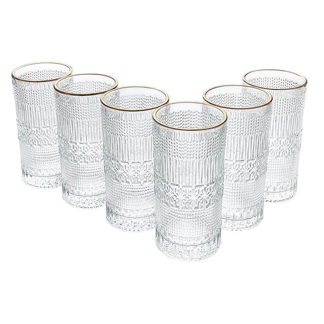 Belwodly Glassware Sets with Gold Rim, Vintage Drinking Glasses with Ribbed Hobnail Embossed Glassware, Set of 6
