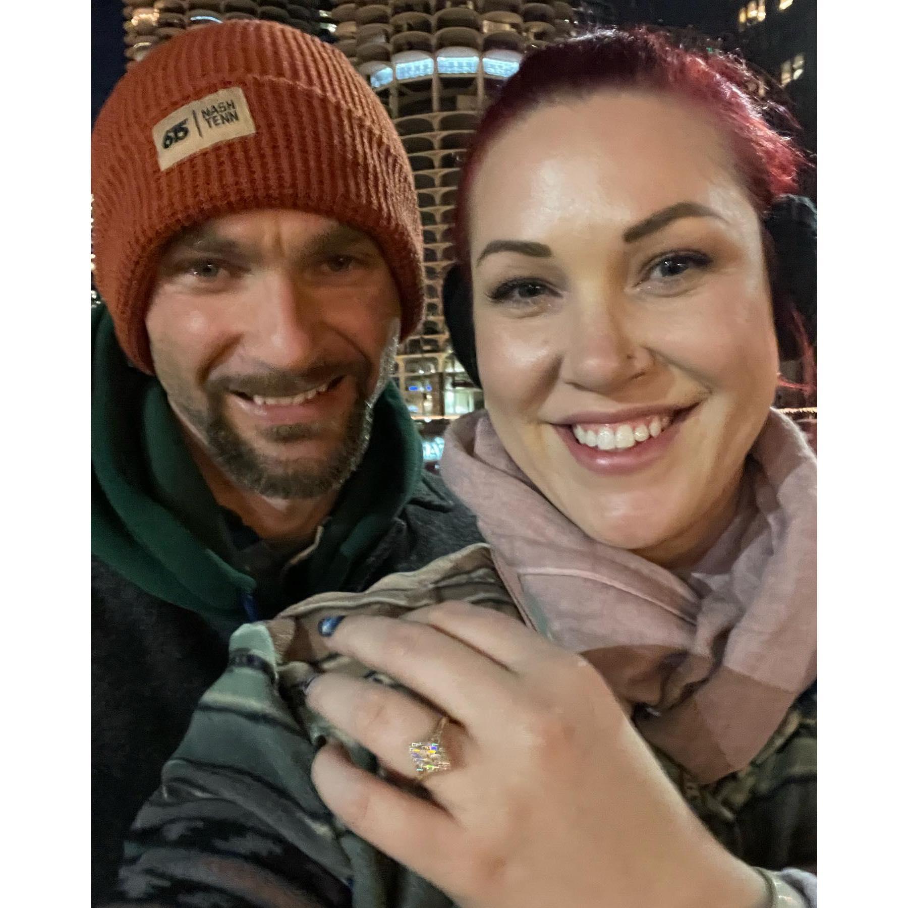 A selfie right after Dustin popped the question on the east river bridge in Chicago! 