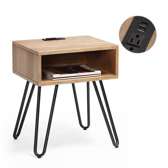 GREATUNE Mid Century End Table, Birch Wood Nightstand with USB Charging Station & Power Outlets, Sofa Side Table with Open Storage, Industrial Nightstand for Bedroom, Living Room, Office, Oak