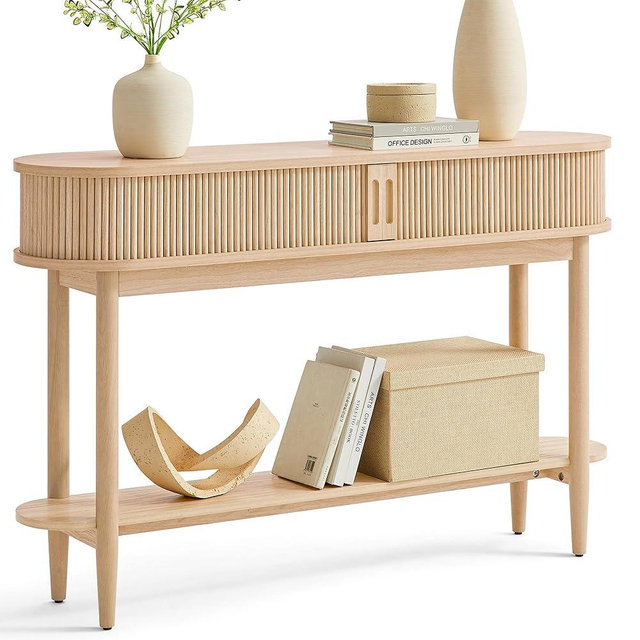 LINSY HOME Fluted Console Table, Mid-Century Modern Entryway Cabinet with Sliding Tambour Doors, Narrow Long Sofa Table, Behind-The-Couch Table for Living Room, Hallway (Light Oak)
