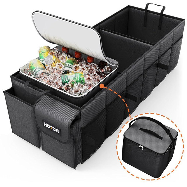 HOTOR Trunk Organizer for Car & SUV, Sturdy Car Organizer with Removable Cooler, Large Foldable Trunk Organizer with Cooler, 3 Compartments, Adjustable Straps, Black, 35.43”×14.17“×10.63”